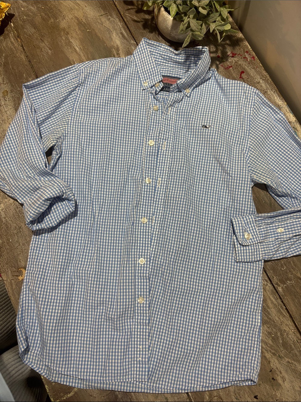 Vineyard Vines Light Blue White Gingham Button-Down Shirt Boys 10-12